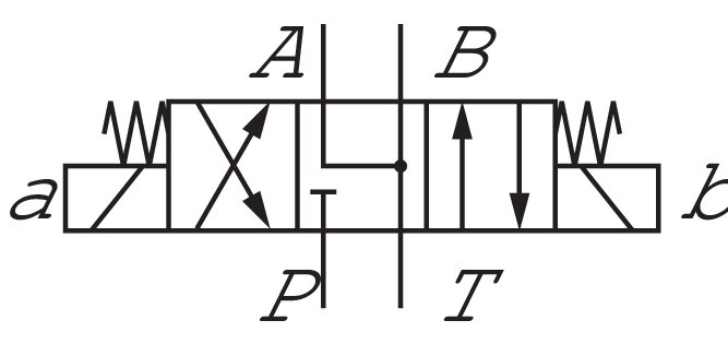 Schaltsymbol: 4/3-Wegeventil, J-Schaltung